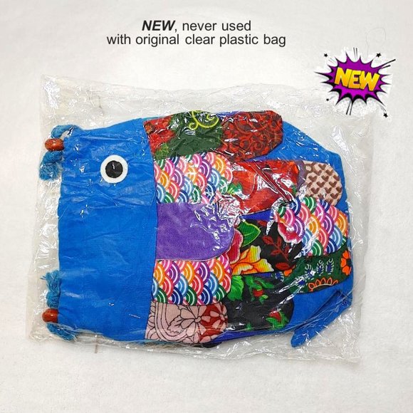 New Patchwork Kids Fish Blue Crossbody Bag Mini Tote Drawstring Red Purple Lined - Picture 10 of 11